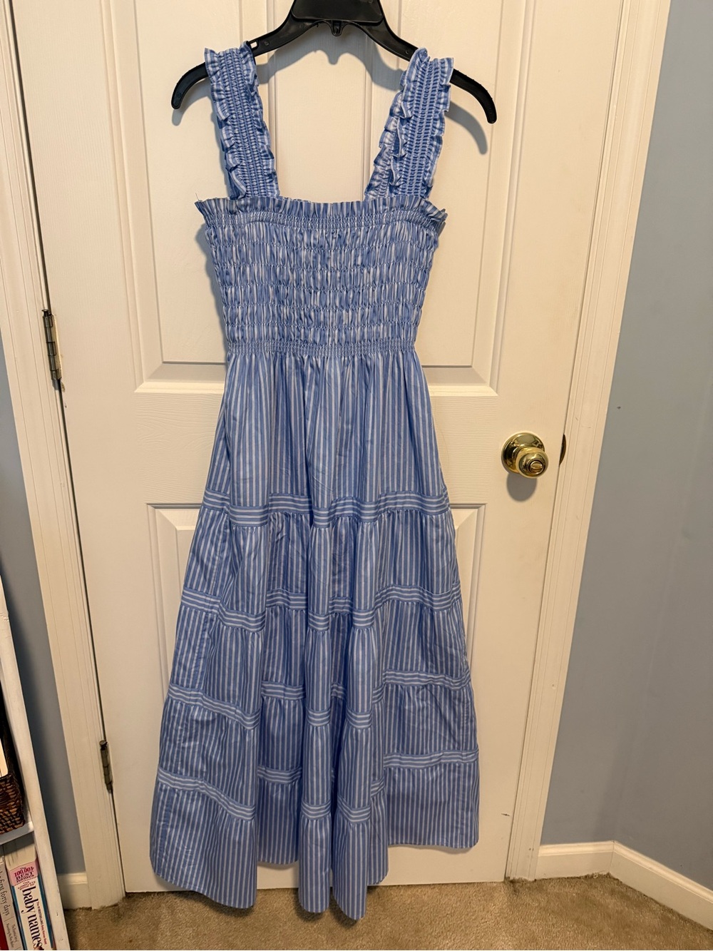 Hill House - The Nap Dress- Light Blue Striped Smocked Midi Dress - Picture 3 of 4